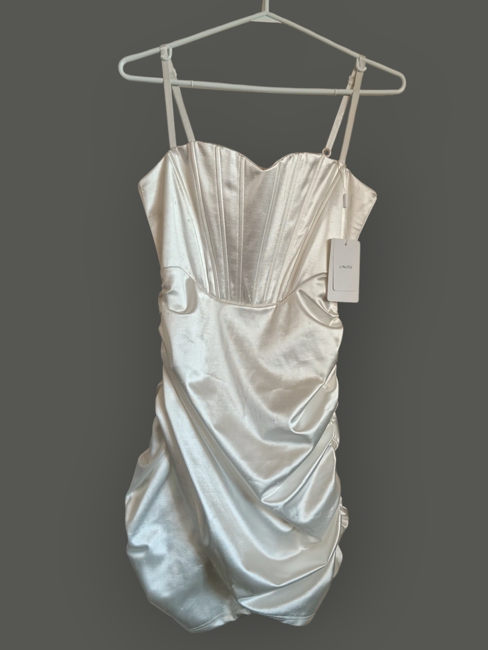 LINJOU Satin Ivory Corset Halter Dress Sweetheart Neckline Women's Medium - Picture 6 of 9
